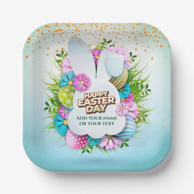 Colourful Spring Bunny Easter Eggs & Flowers Paper Plate (Front)