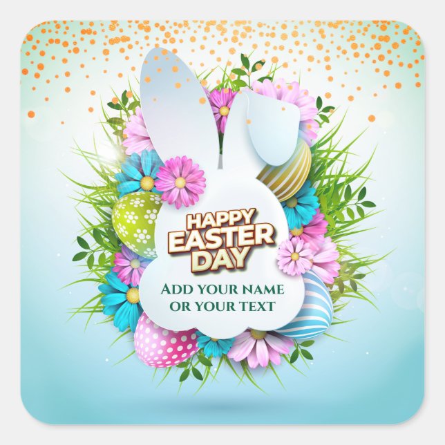 Colourful Spring Bunny Easter Eggs & Flowers Square Sticker (Front)