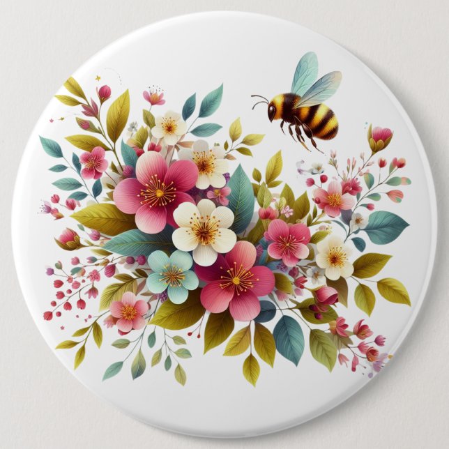 Colourful, Spring/Floral bee 6 Inch Round Button (Front)