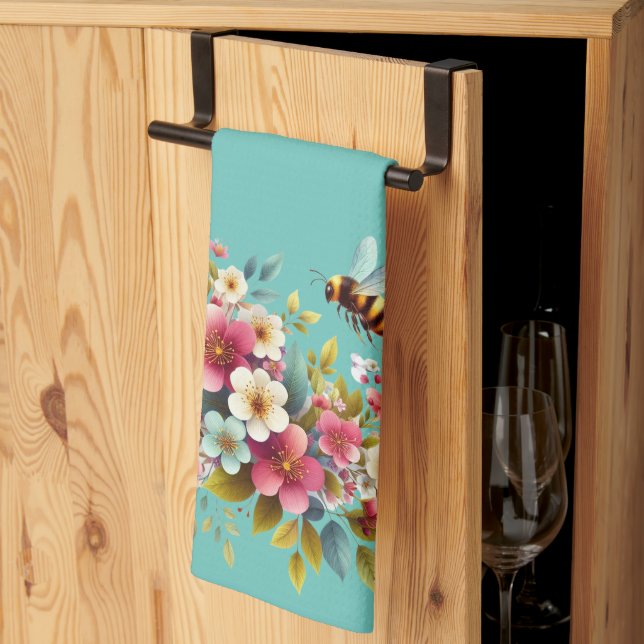 Colourful, Spring/Floral bee Kitchen Towel (Thirds Fold)