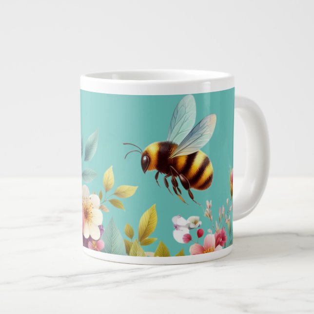 Colourful, Spring/Floral bee Large Coffee Mug (Front Right)