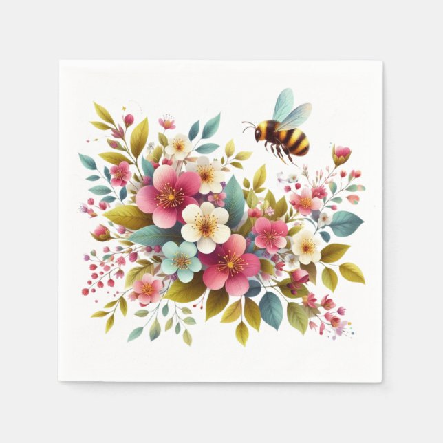 Colourful, Spring/Floral bee Napkin (Front)