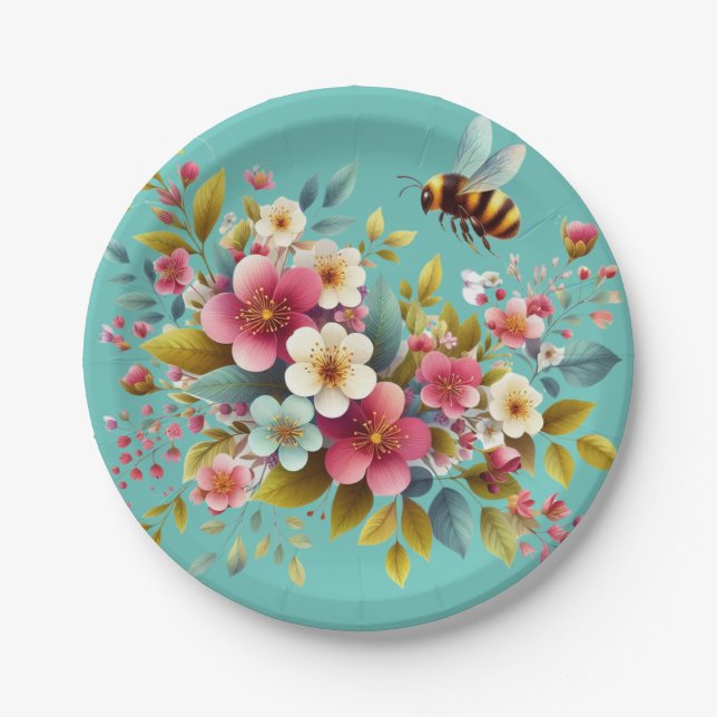 Colourful, Spring/Floral bee Paper Plate (Front)