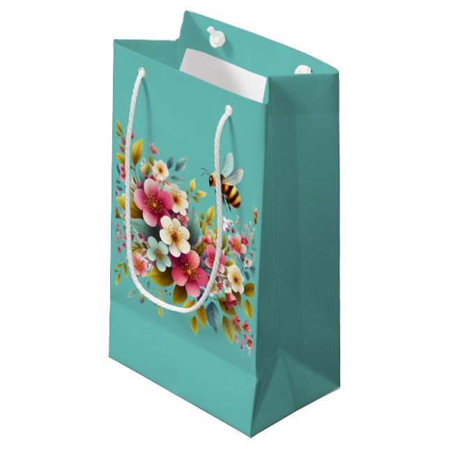 Colourful, Spring/Floral bee Small Gift Bag (Front Angled)