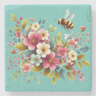 Colourful, Spring/Floral bee Stone Coaster