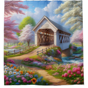 Colourful spring/floral covered bridge & river