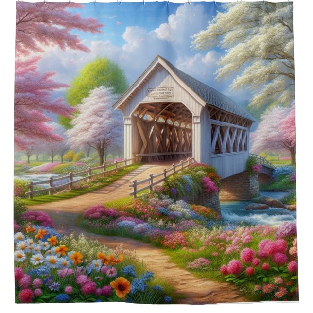 Colourful spring/floral covered bridge & river (Front)