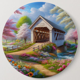 Colourful spring/floral covered bridge & river 6 inch round button