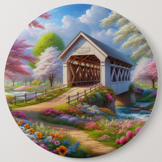 Colourful spring/floral covered bridge & river 6 inch round button (Front)