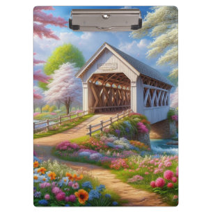 Colourful spring/floral covered bridge & river clipboard