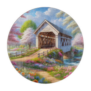 Colourful spring/floral covered bridge & river cutting board