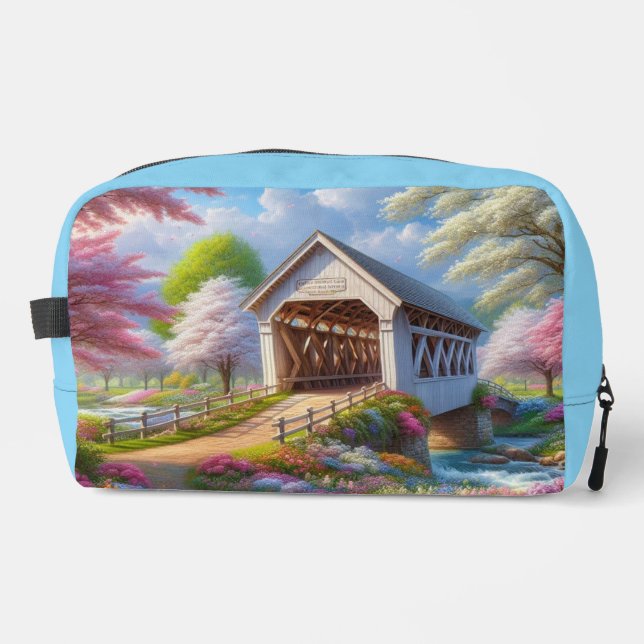 Colourful spring/floral covered bridge & river dopp kit (Front)