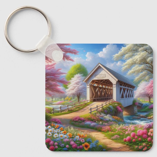Colourful spring/floral covered bridge & river keychain (Front)