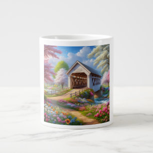 Colourful spring/floral covered bridge & river large coffee mug