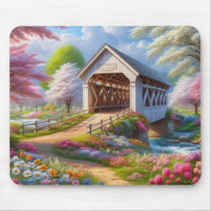 Colourful spring/floral covered bridge & river mouse pad