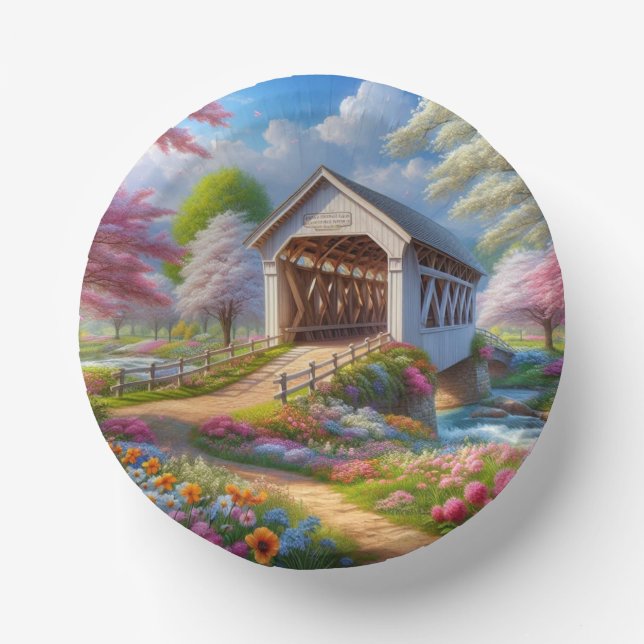 Colourful spring/floral covered bridge & river paper plate (Front)