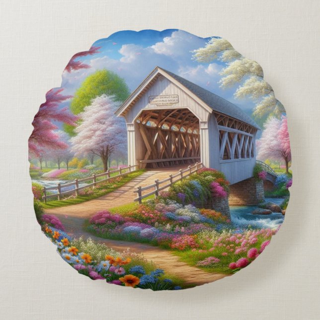 Colourful spring/floral covered bridge & river round pillow (Front)