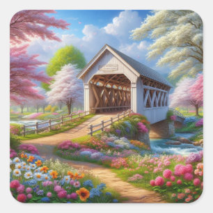 Colourful spring/floral covered bridge & river square sticker
