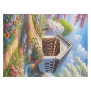 Colourful spring/floral covered bridge & river tablecloth