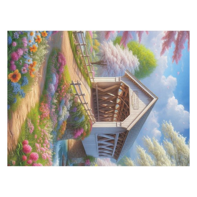Colourful spring/floral covered bridge & river tablecloth (Front (Horizontal))