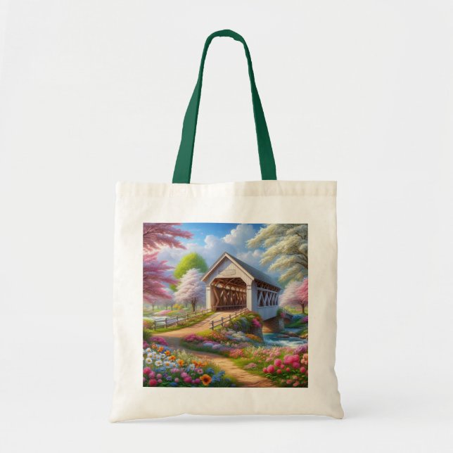 Colourful spring/floral covered bridge & river tote bag (Front)