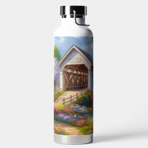 Colourful spring/floral covered bridge & river water bottle