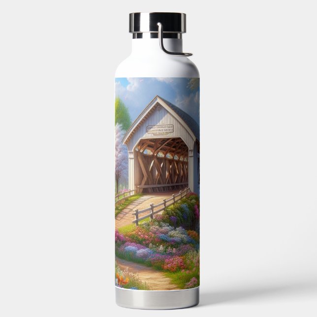 Colourful spring/floral covered bridge & river water bottle (Left)