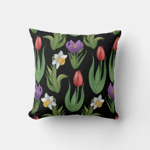 Colourful Spring Floral Illustration on Black Throw Pillow