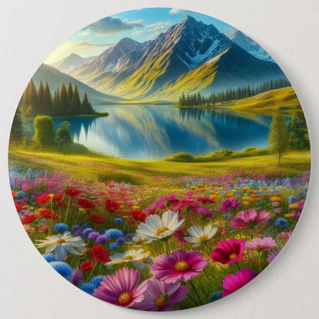 Colourful spring/floral mountain lake 6 inch round button (Front)