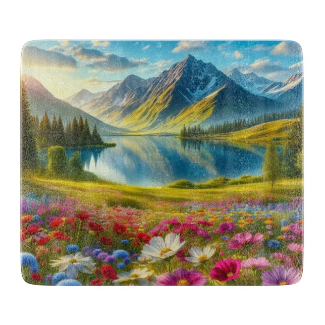 Colourful spring/floral mountain lake cutting board (Front)