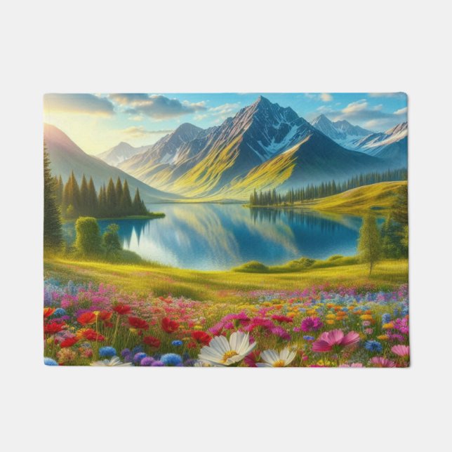 Colourful spring/floral mountain lake doormat (Front)