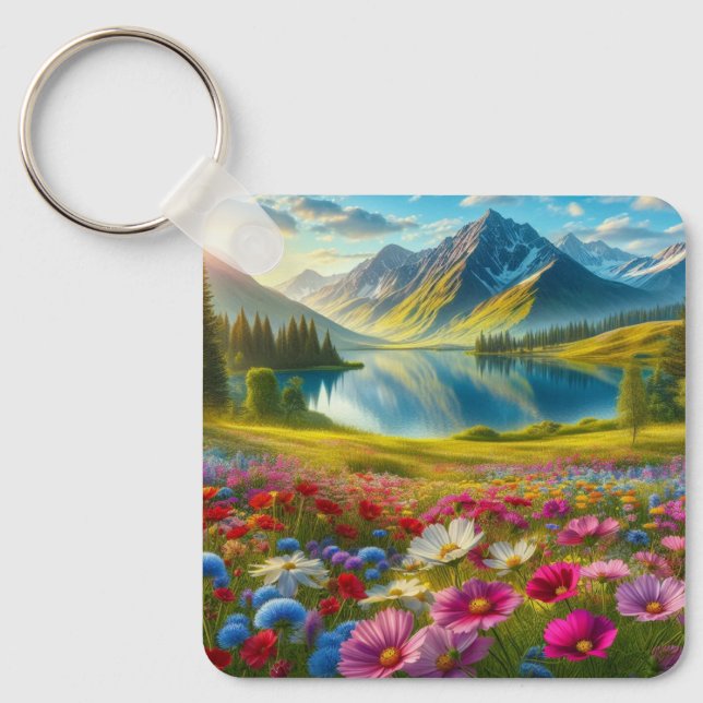 Colourful spring/floral mountain lake keychain (Front)