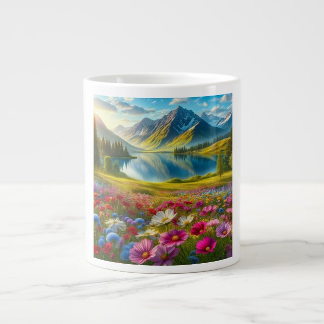 Colourful spring/floral mountain lake large coffee mug (Front)
