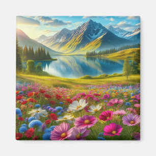 Colourful spring/floral mountain lake magnet
