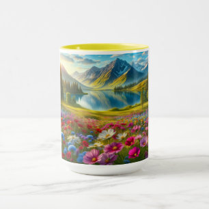 Colourful spring/floral mountain lake mug