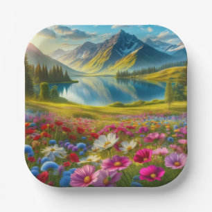 Colourful spring/floral mountain lake paper plate