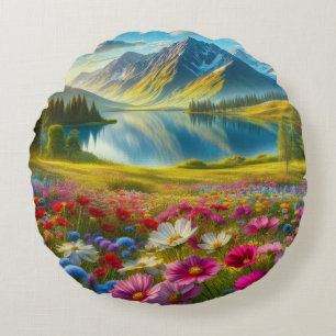 Colourful spring/floral mountain lake round pillow