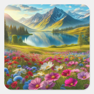 Colourful spring/floral mountain lake square sticker