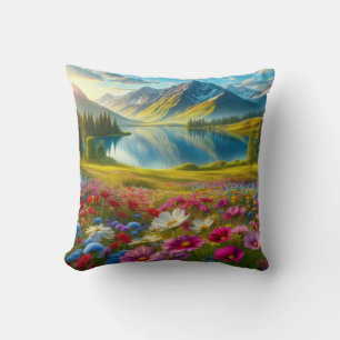 Colourful spring/floral mountain lake throw pillow