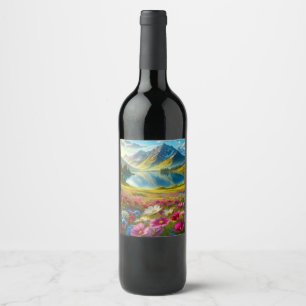 Colourful spring/floral mountain lake wine label