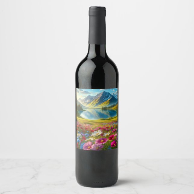 Colourful spring/floral mountain lake wine label (Front)