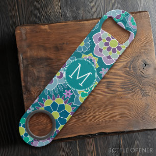 Colourful Spring Floral Pattern Custom Monogram Bar Key