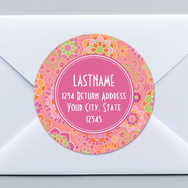 Colourful Spring Floral Pattern Custom Monogram Classic Round Sticker (Custom Return Address Sticker)