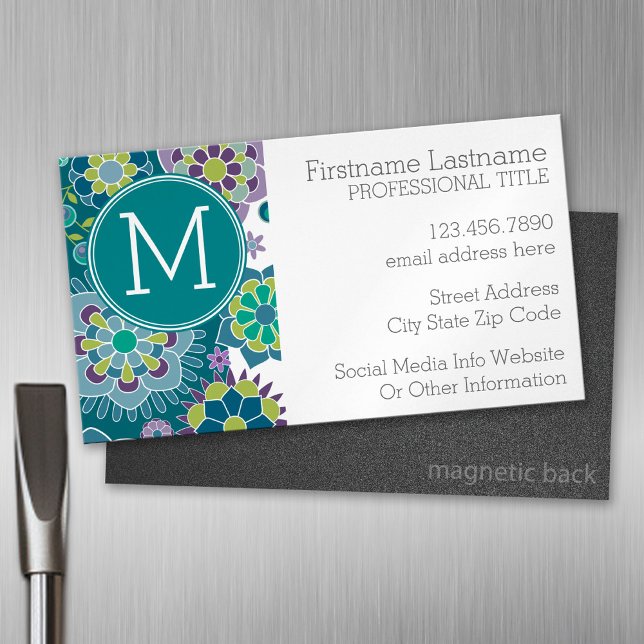 Colourful Spring Floral Pattern Custom Monogram Magnetic Business Card (Custom Business Card Magnet)