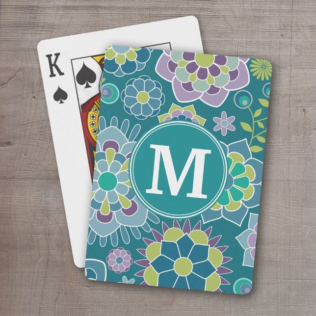 Colourful Spring Floral Pattern Custom Monogram Playing Cards (Personalized Playing Cards - monogram with colorful retro flower pattern)