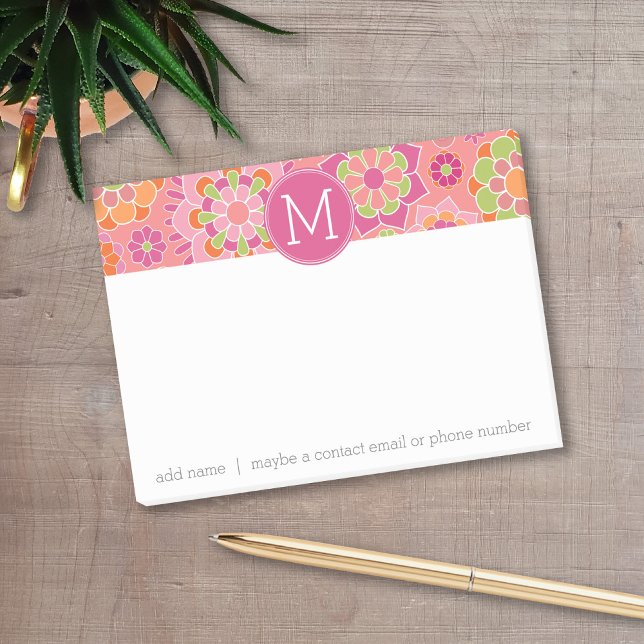 Colourful Spring Floral Pattern Custom Monogram Post-it Notes (Personalized post-it notes with a monogram and contact information.)