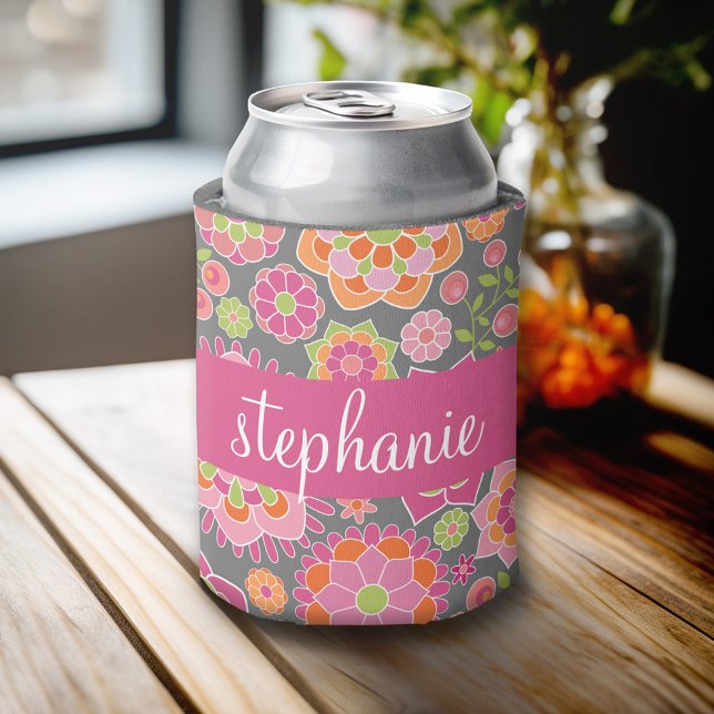 Colourful Spring Floral Pattern Custom Name Can Cooler (Custom Can Cooler)
