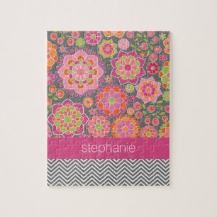 Colourful Spring Floral Pattern Custom Name Jigsaw Puzzle