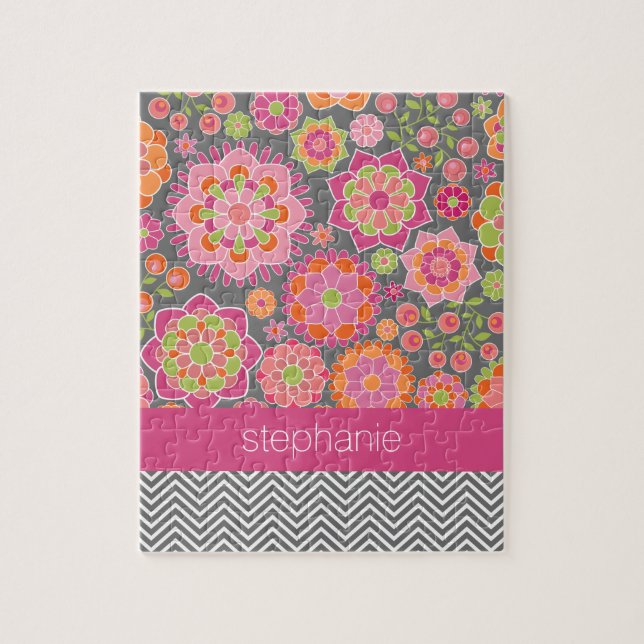 Colourful Spring Floral Pattern Custom Name Jigsaw Puzzle (Vertical)