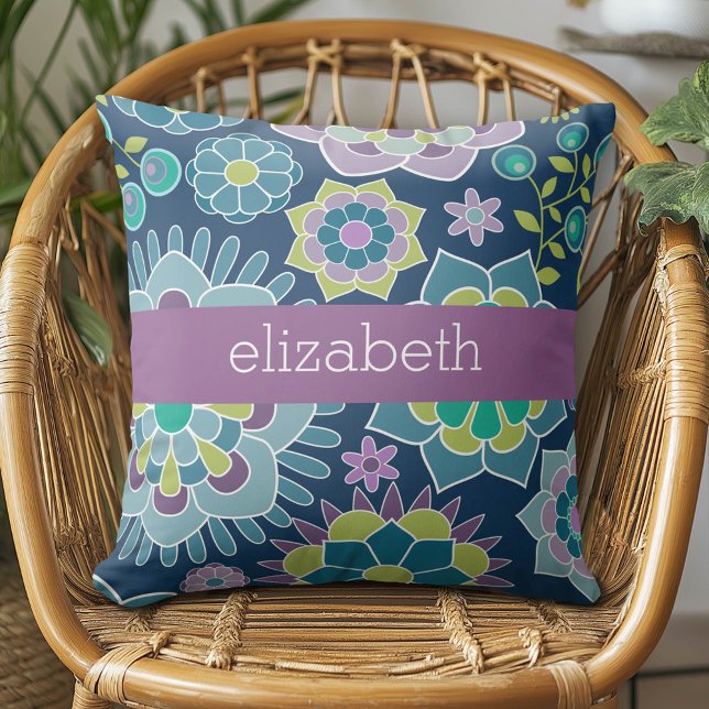 Colourful Spring Floral Pattern Custom Name Throw Pillow (Custom Pillow)